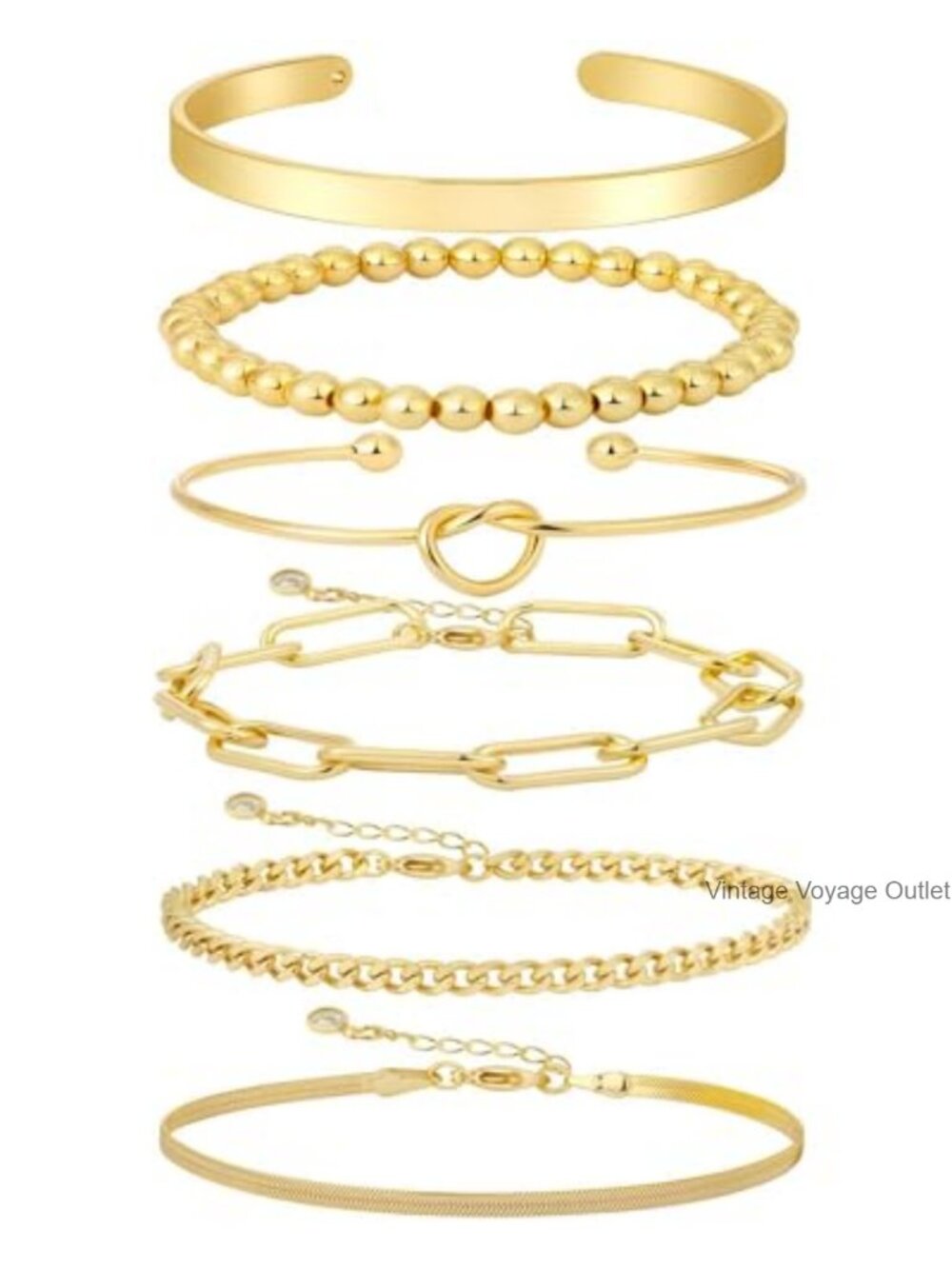 14K Gold Plated Stackable Bracelet Set Adjustable Cuff Bangles Link Chain